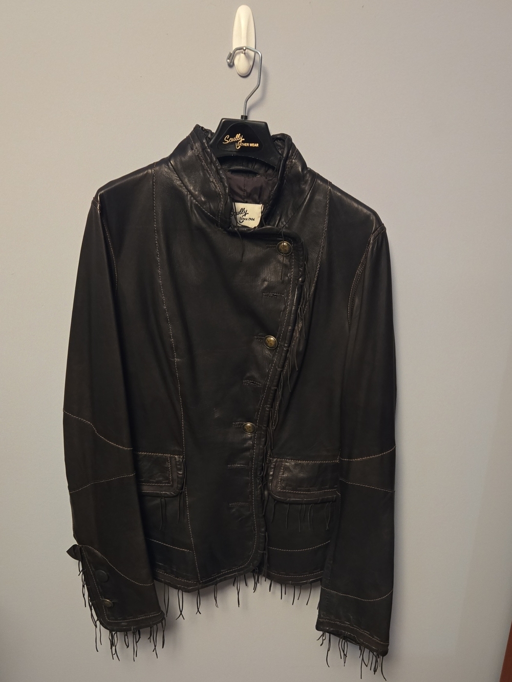 Scully Dark Brown Leather Fringe Jacket with Asymmetrical Buttons